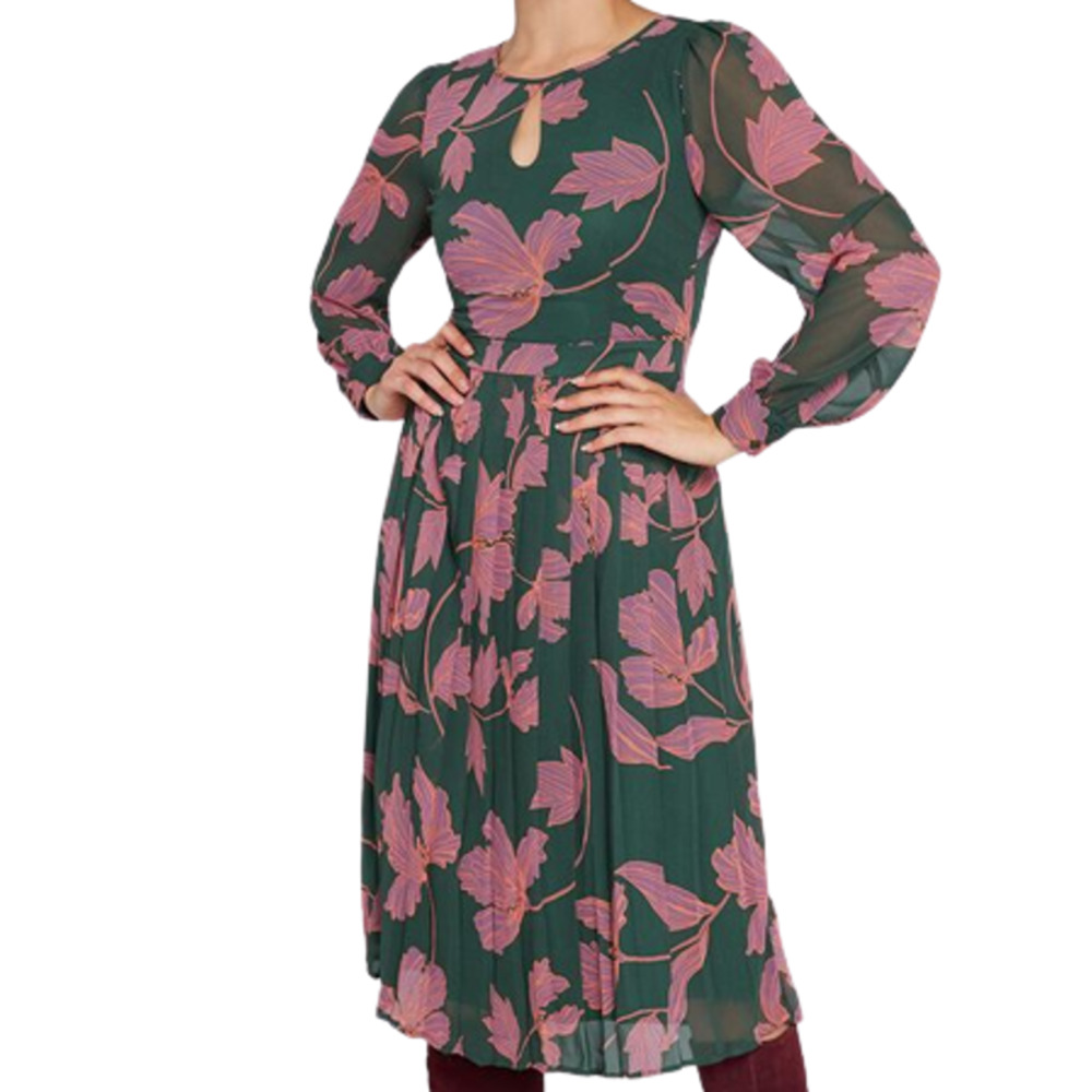 Modcloth Green Long-Sleeve Dress with Pink Floral Motif
